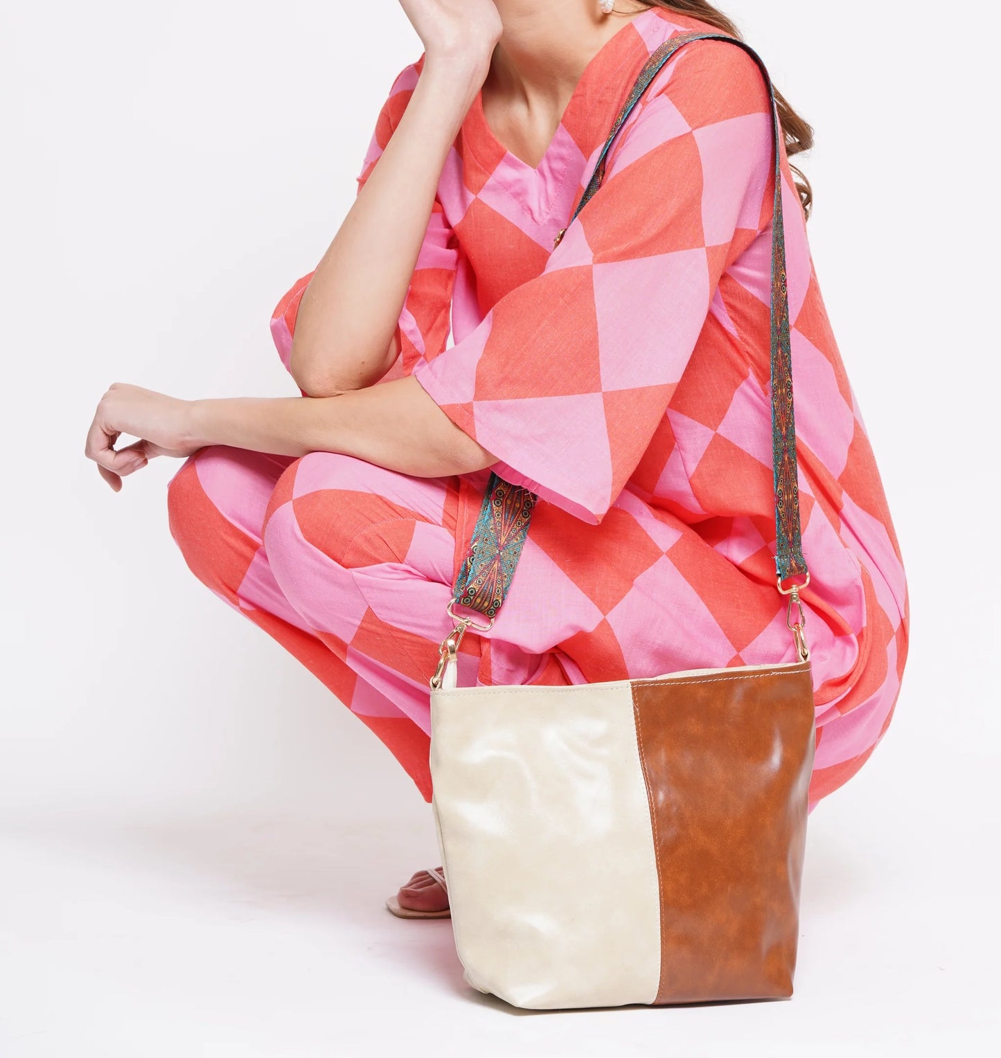 Creamy Beige Vegan Leather Crossbody Handbag along with Sling - 11