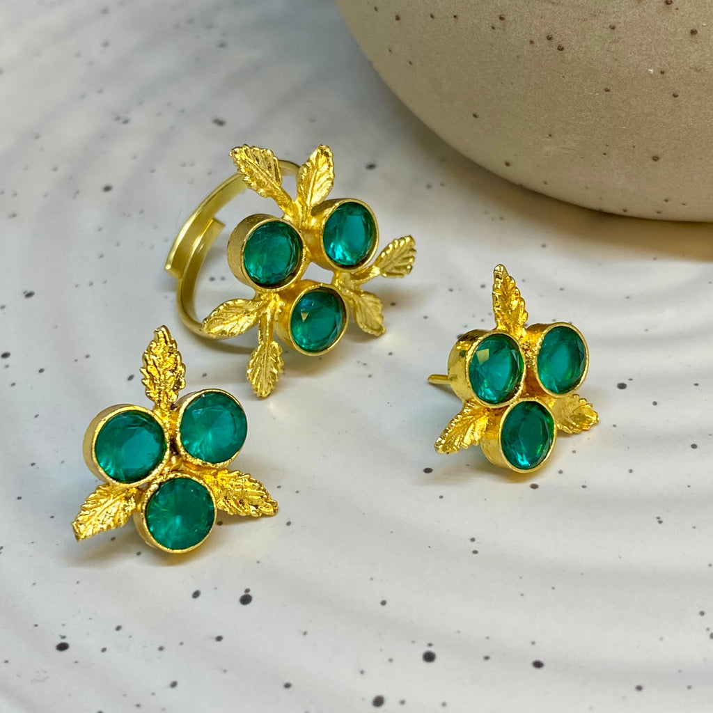 Peridot Flower Ring With Earring - Turquoise