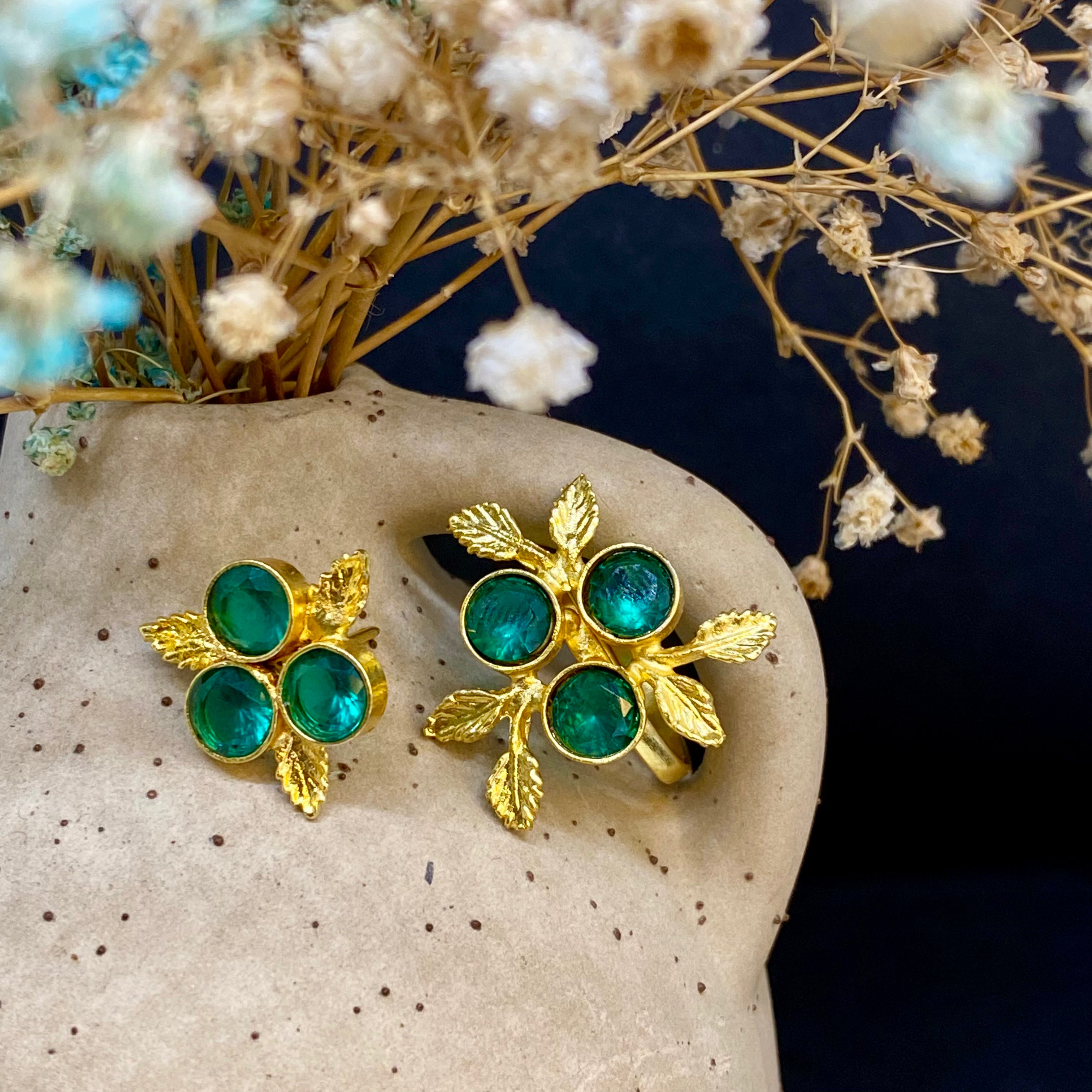 Peridot Flower Ring With Earring - Turquoise