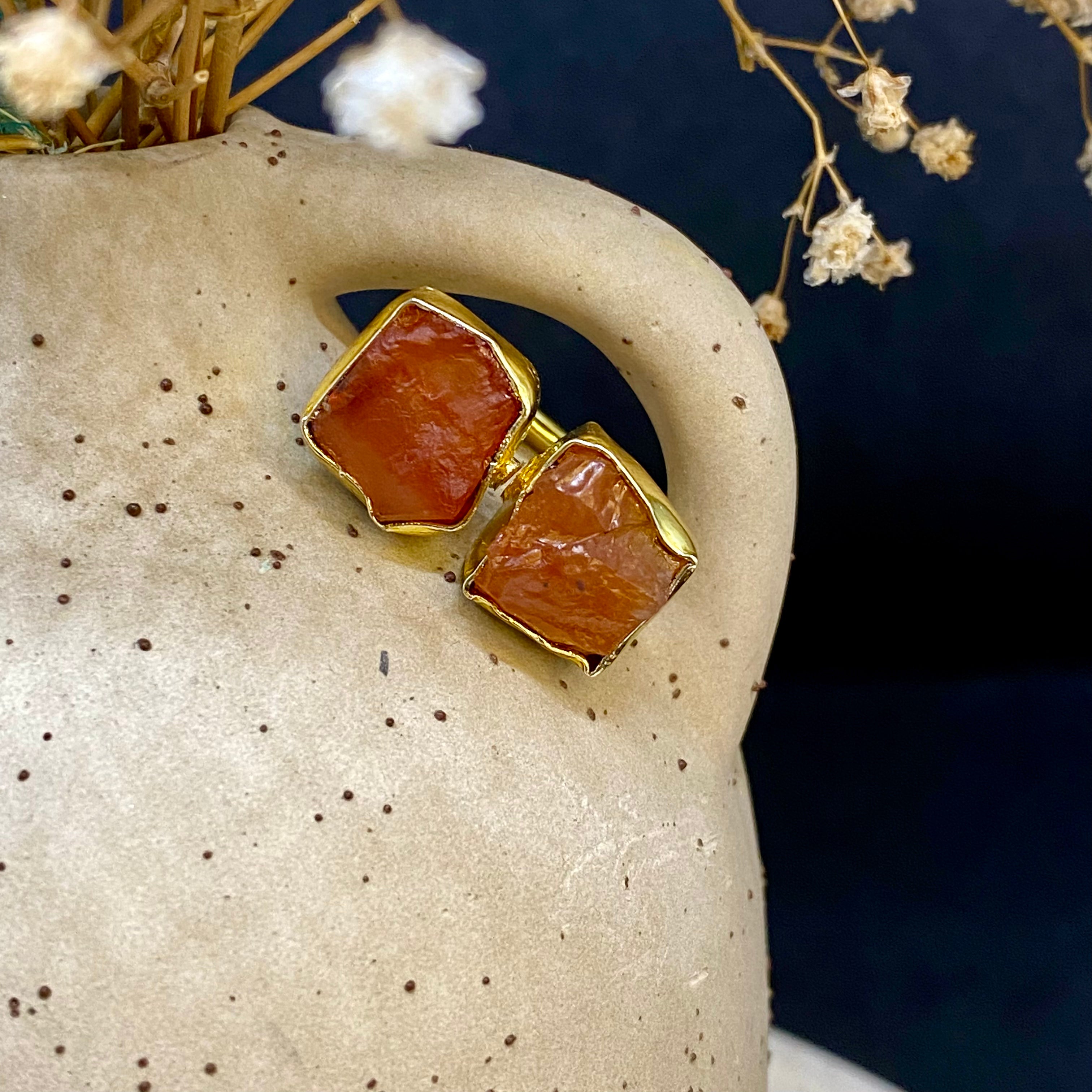 Two Uncut Stone Ring - Carnelian Gemstone