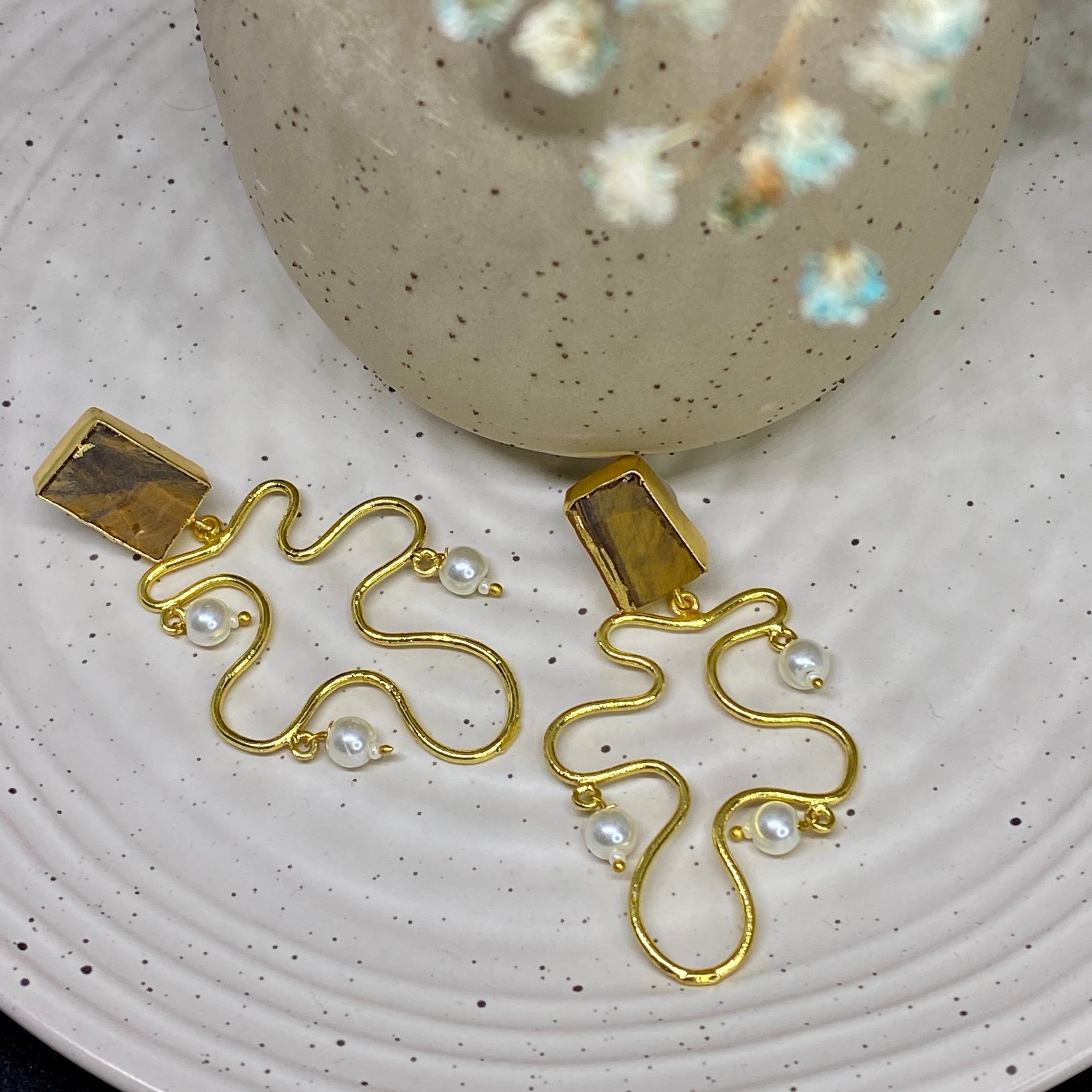 Irregular Wavy Earring - Tiger Eye