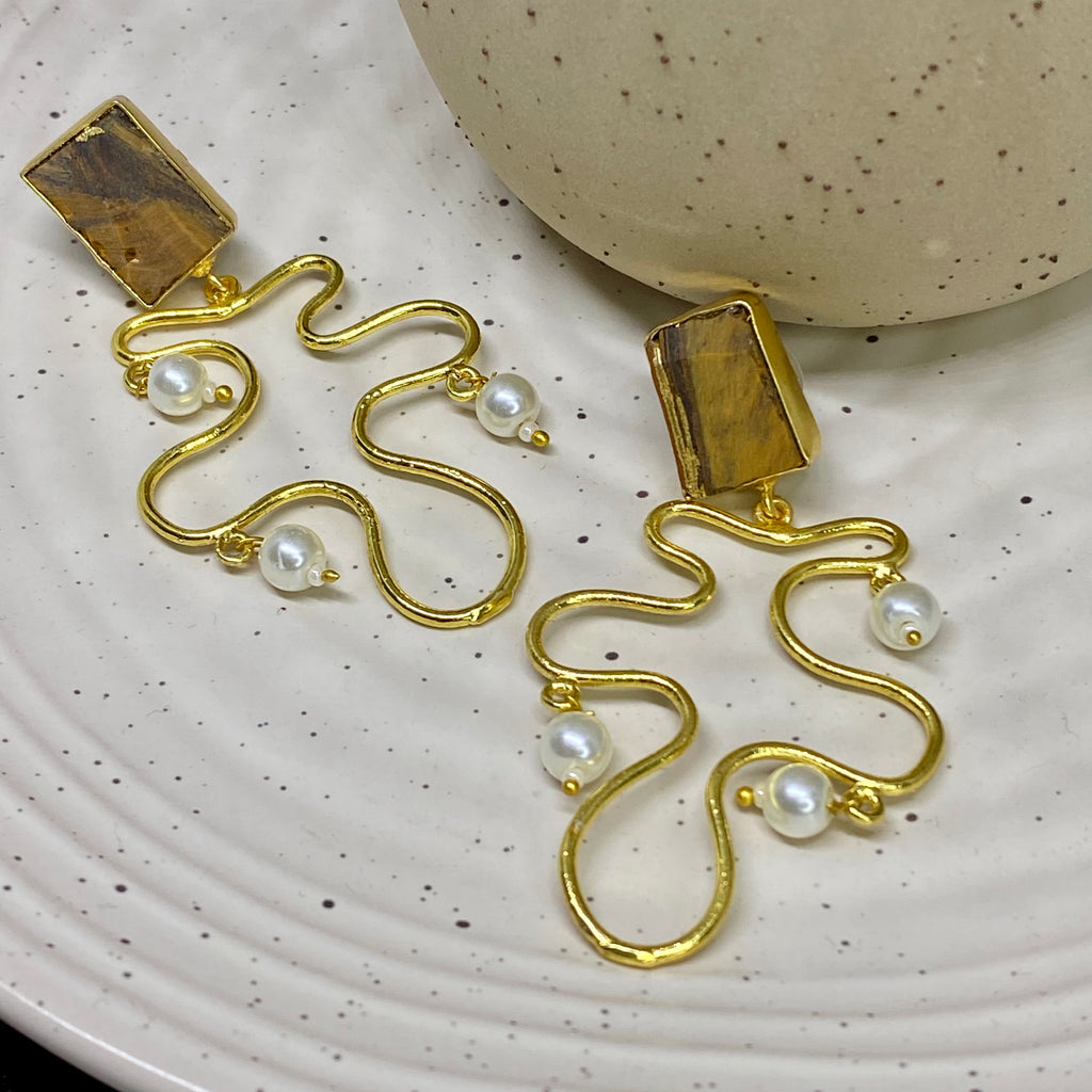Irregular Wavy Earring - Tiger Eye