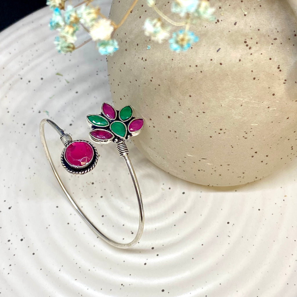 Oxidised Petal Bracelet - Pink And Green Gemstone