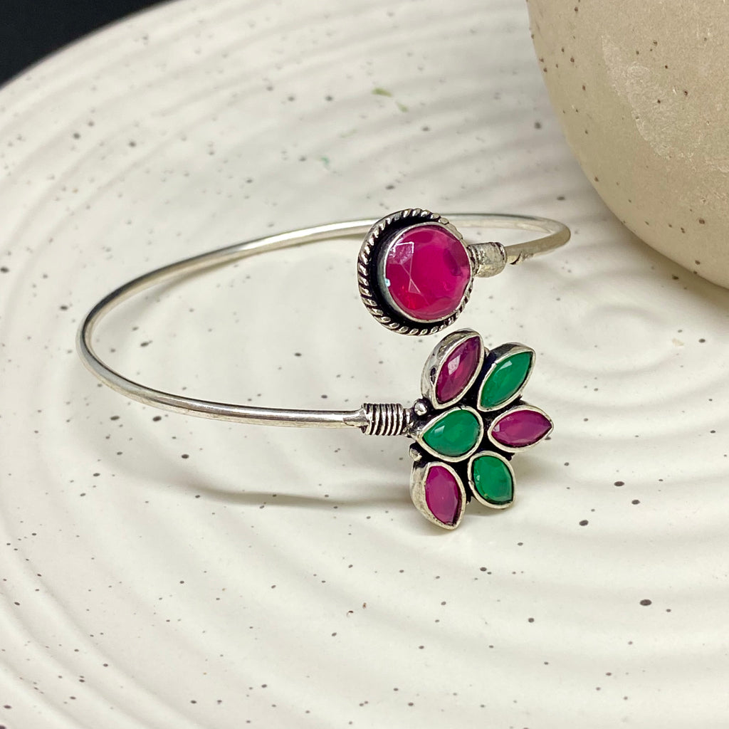 Oxidised Petal Bracelet - Pink And Green Gemstone